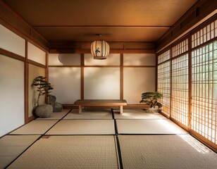 a serenely designed meditation room with tatami mats