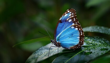 Obraz premium a vibrant blue butterfly resting on dew dropped dark green leaves highlighted by cool dense surroundings capturing nature s tranquil essence