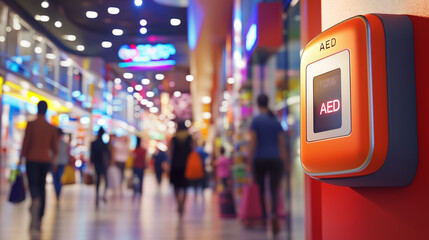 AED. Automated External Defibrillator Mounted in a Vibrant Mall. Emergency Preparedness Device Highlighted in Modern Public Environment. Image Made Using Generative AI.