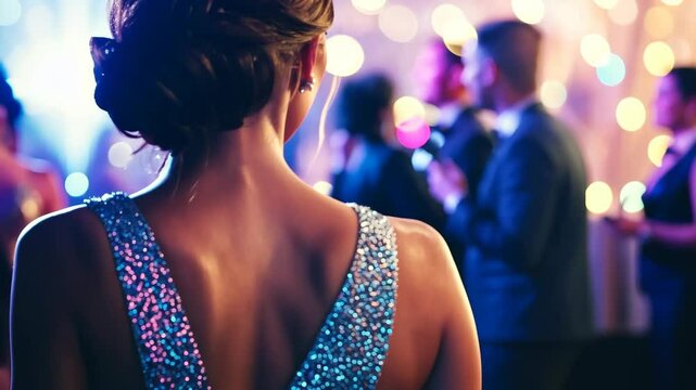 Elegant evening gathering with shimmering outfits and joyous atmosphere at a vibrant celebration