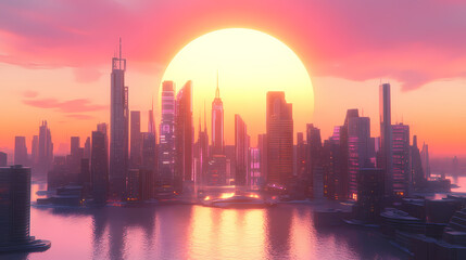 Obraz premium Synthwave cityscape with large sun in background, synthwave, city, sunset, futuristic, retro, skyline, neon, lights. Retro Synthwave Horizon. Illustration