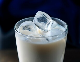 close up view of a chilled milk beverage filled with smooth clear ice cubes the creamy texture and refreshing appearance make this drink ideal for cooling down on a warm day