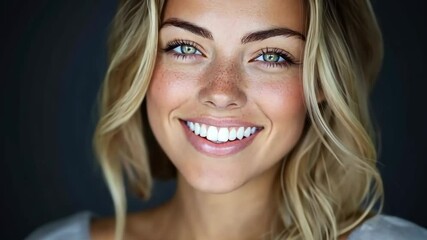 Bright smile enhances the charm of a young woman with beautiful features and captivating eyes in a close-up setting