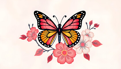 Obraz premium Butterfly and flower pattern hand drawn on silk, Paper Cutout style