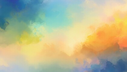 Fototapeta premium colorful watercolor background of abstract sunset sky with paint blotches and soft blurred texture in blue green yellow beige and orange gradient background generative ai