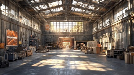 Spacious industrial warehouse with natural light.