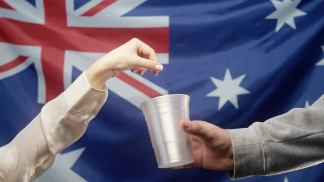Rich Australian Woman Throws Cents Coin Into Plastic Cup Of Homeless Man Who Is Asking For alms on Australia flag. Sharing and help each other. Poor life, unemployment, people below poverty line.
