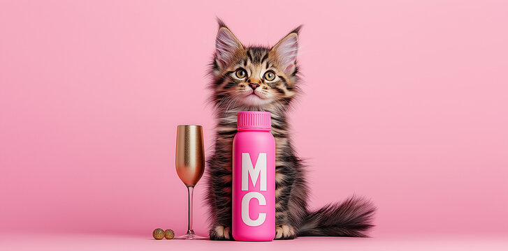 Playful Maine Coon MC kitten with pink bottle and champagne glass. Minimal concept with copy space.