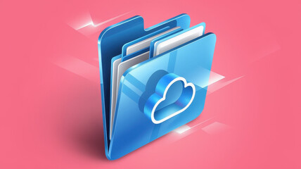 A vibrant blue cloud folder icon against a pink background, symbolizing digital storage and cloud computing.
