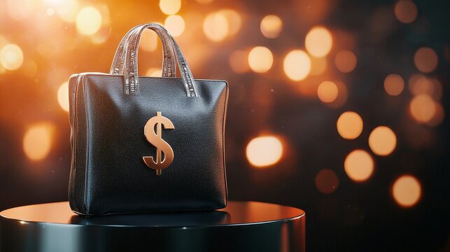 Full dollar bag on sleek black table, luxury and wealth theme