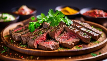 grilled beef strips with spices and fresh herbs juicy grilled beef strips seasoned with a mix of colorful spices and garnished with fresh herbs