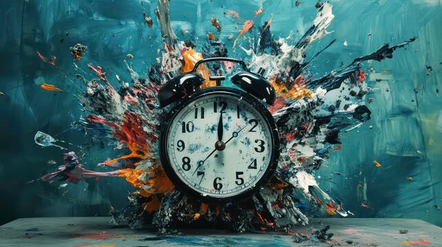 Exploding alarm clock with a dynamic abstract paint splatter design representing the chaotic disruption of time urgency and a sense of crisis or emergency