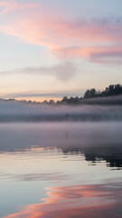 Fototapeta premium Scenic lakeside view with soft morning light. Calm lake view at sunrise with pastel sky wallpaper.
