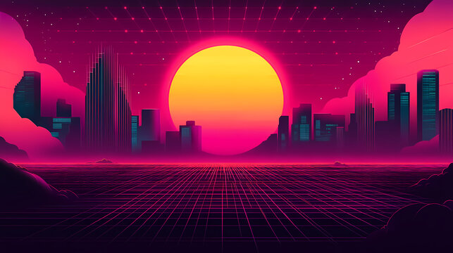 Fototapeta A stunning synthwave landscape with neon colors, futuristic skyscrapers, and a retro cyberpunk feel, perfect for a vibrant wallpaper or banner. Retro Synthwave Horizon. Illustration