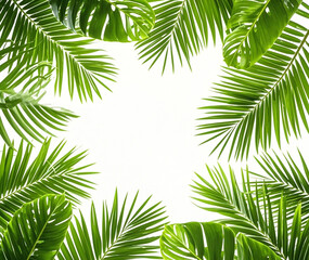 Tropical beach coconut tree leaves isolated on white background, green palm leaves layout for summer and tropical nature concept