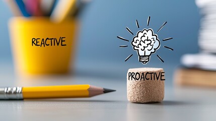 A pencil and cork symbolizing a shift from reactive to proactive thinking in a bright, creative workspace.