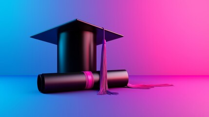 Graduation cap and diploma on bright gradient backdrop, festive graduation theme