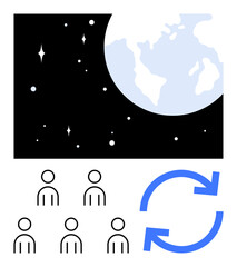 Naklejka premium Earth stars, six stick figure people, blue recycling arrows. Ideal for teamwork, sustainability, global connectivity, continuous improvement, environmental awareness, collaboration, space