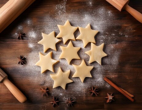 star shaped cookie dough pieces arranged on a wooden surface with flour dusting and wooden rolling pins in the background