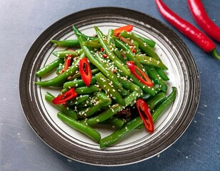 stir fried green beans with red chili and sesame seeds a vibrant plate of stir fried green beans tossed with sliced red chili peppers and sprinkled with sesame seeds