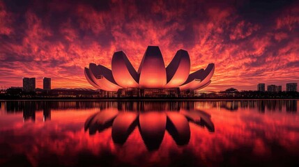 Stunning lotus-shaped building at sunset reflection.