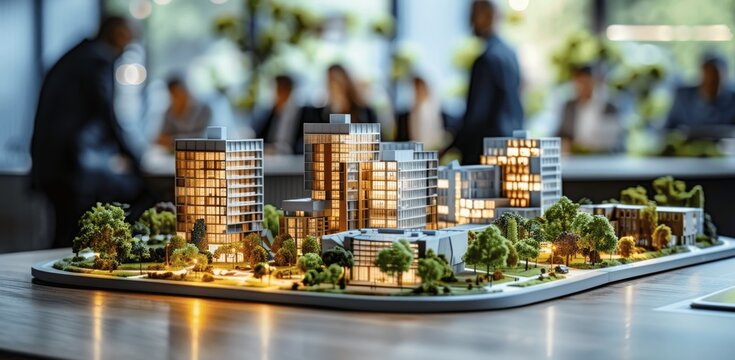 Modern city scale model on table with business team discussing project in office