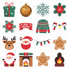 Fototapeta premium Set of Xmas elements illustration. Christmas new year holiday decoration icons and elements set isolated on white background in flat style.