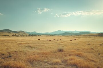 Fototapeta premium A wide shot of a grassy field with a herd of cattle grazing under a clear blue sky.