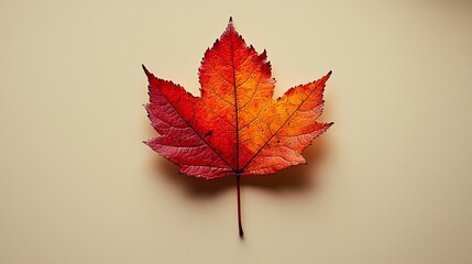A vibrant red maple leaf against a light background, showcasing autumn colors.