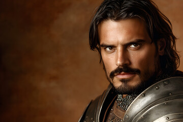 A Spanish conquistador in elaborate armor with a sword at his side, posed against a warm terracotta background, representing exploration and conquest. A conquistador prepared for adventure.


