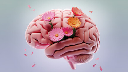A vibrant, 3D-rendered pink human brain adorned with colorful flowers, symbolizing creativity and growth.