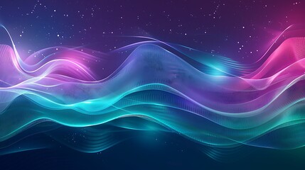 A vibrant abstract design featuring flowing waves of color against a starry background.