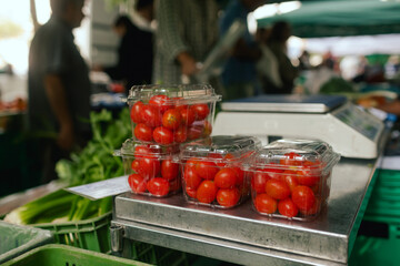 Fresh vegetables at small local urban market. Organic produce on sale at outdoor farmer market. Selling fresh crops and veggies harvest. European urban setting. Close up. Part of the series