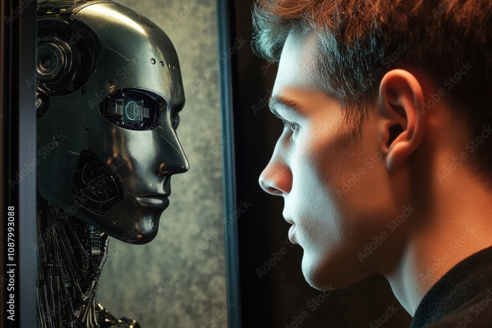 Aufkleber a young individual closely examines a digital mirror, where a robot reflects their curiosity about a