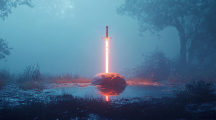Glowing sword in stone surrounded by misty forest at night