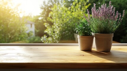 Fototapeta premium Sunlit window with potted herbs and flowers.