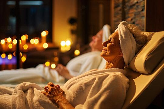 Senior woman in white bathrobe on spa chair during aromatherapy session with candles