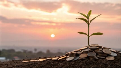 Sunrise over Investments A serene sunrise scene with a small plant sprouting out of a pile of coins symbolizing new beginnings and growth in a Roth IRA.