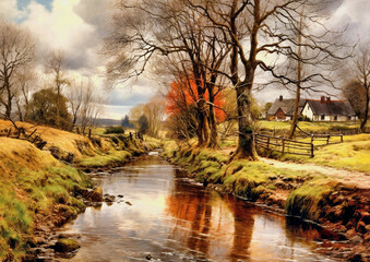 Obraz premium Paintings rural landscape, landscape with river, old house in the woods