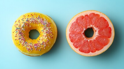 A yellow frosted donut with sprinkles sits next to a grapefruit half on a blue background.
