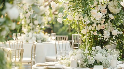 A beautifully decorated wedding reception with floral arrangements and elegant table settings.