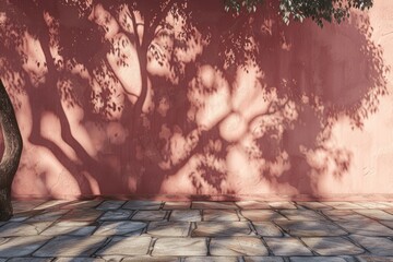 Tree Shadow on Terracotta Wall with Stone Pavement, Cinematic Outdoor Scene