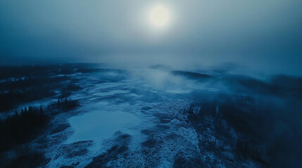 Fototapeta premium Aerial View of Thawing Permafrost, Icy Blue Landscape, Cinematic Winter Scene