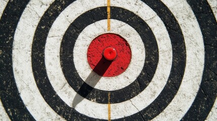A red dart hits the bullseye of a worn dartboard.