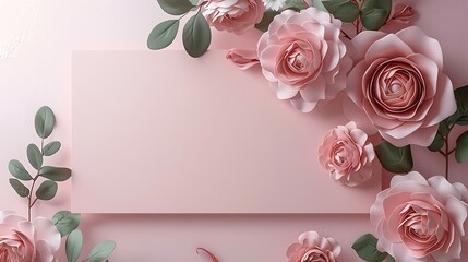 A serene arrangement of pink paper roses and green leaves on a soft background, ideal for invitations or greeting cards.