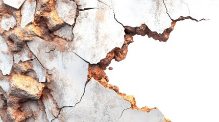 Naklejka premium A close-up of a cracked and broken white wall with a hole revealing a white background.