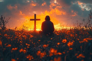 A somber moment as a man kneels beside a wooden Christian cross, his friend’s grave, under a dramatic sunset sky