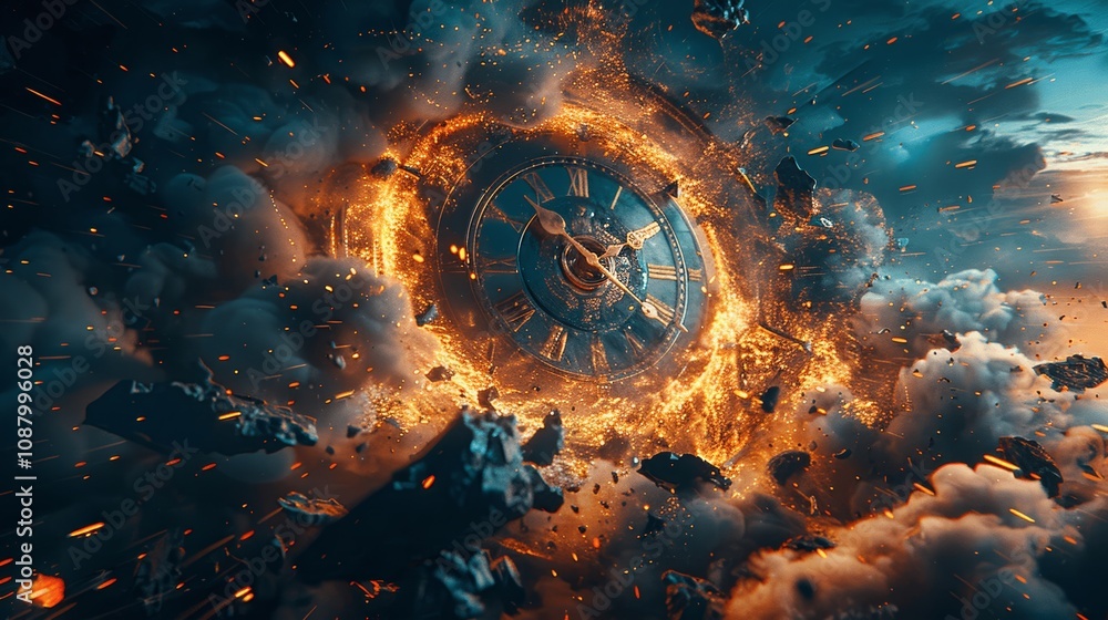Poster exploding clock in surreal fantasy space universe