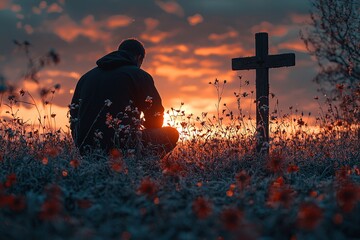 A silhouette of a man kneeling in front of a wooden Christian cross at sunset, reflecting on the loss of his friend