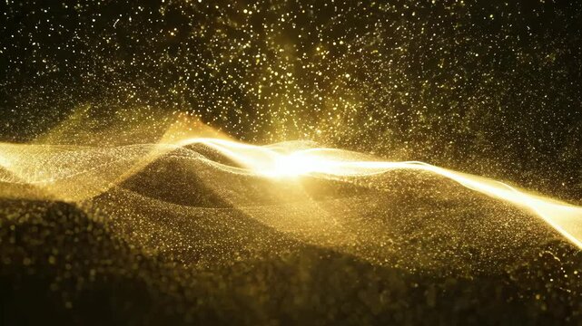 A gold wave with a bright light shining on it. The wave is surrounded by a lot of gold dust